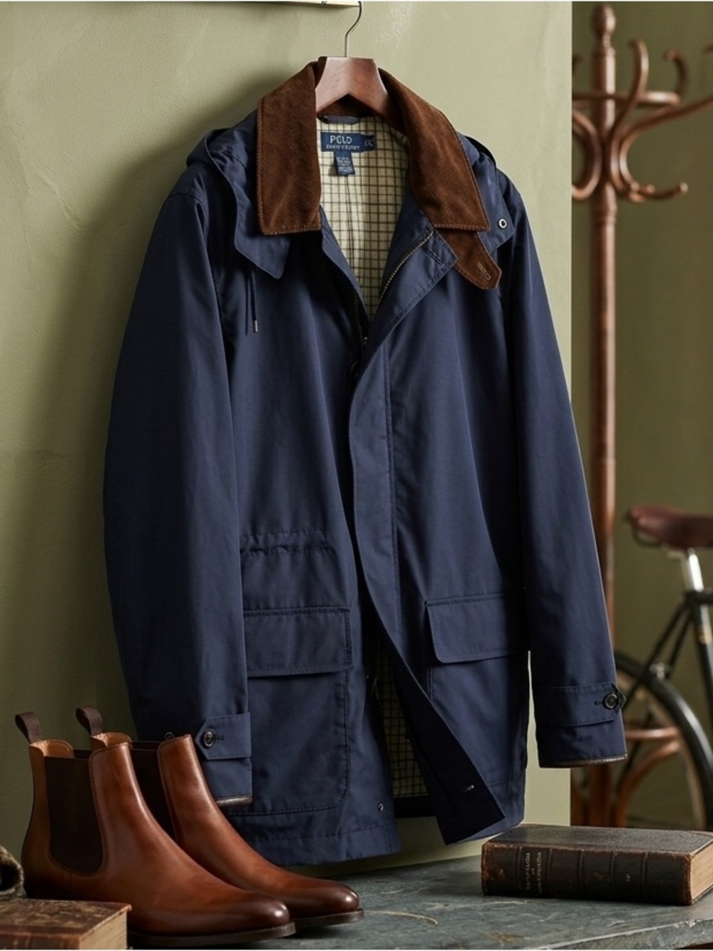 POLO RALPH LAUREN Navy Balmacaan Coat L Vintage Double Zip Cotton Blend Size XL